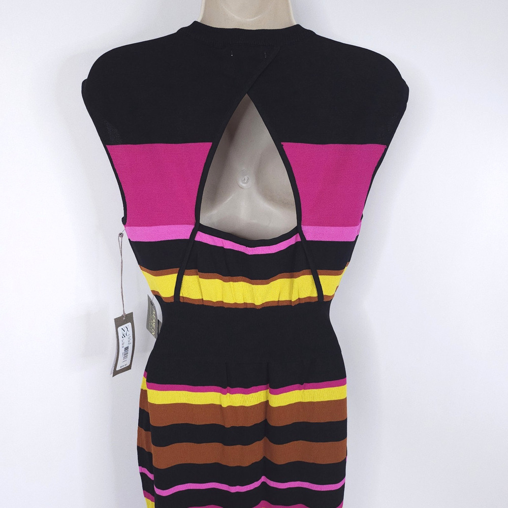 Eva Mendes Women's Large Striped Knit Midi Dress Black Pink Yellow Brown - Picture 5 of 16